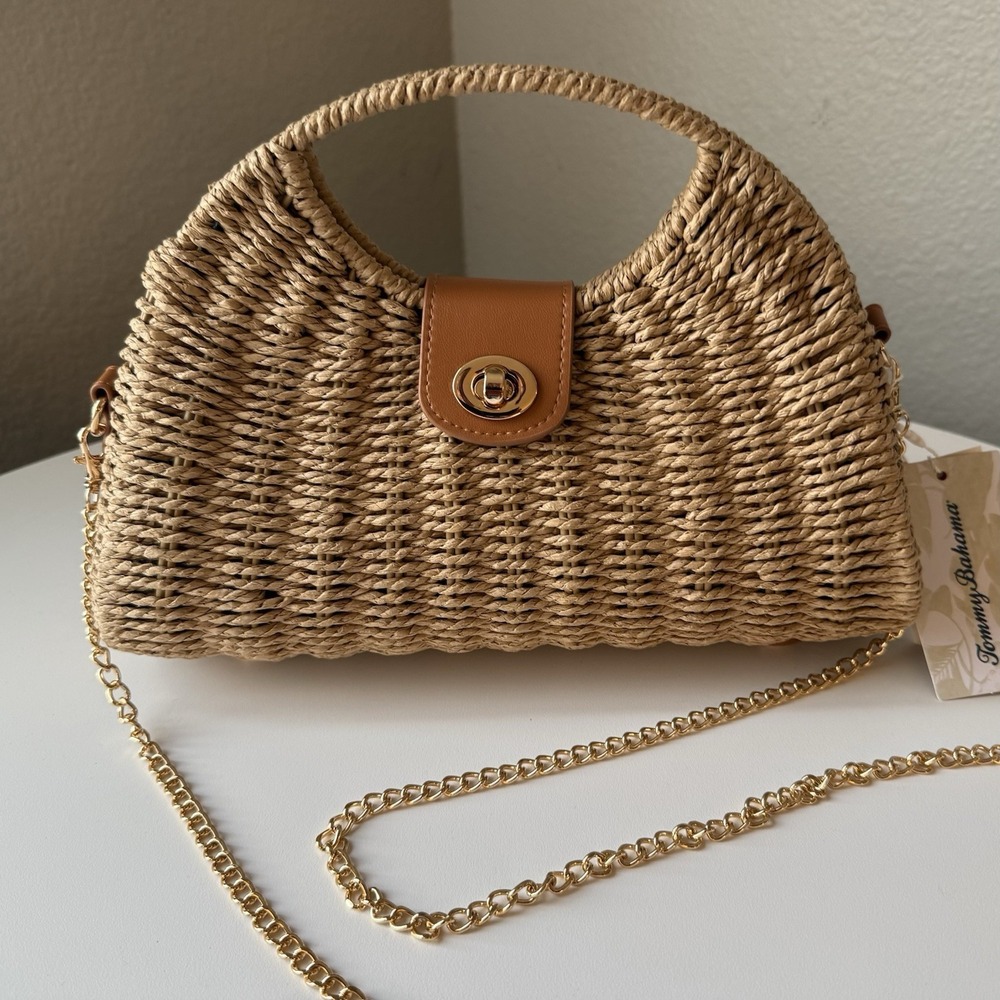 NWT Tommy Bahama Straw Woven Satchel Crossbody Bag Gold Chain Resort Beach